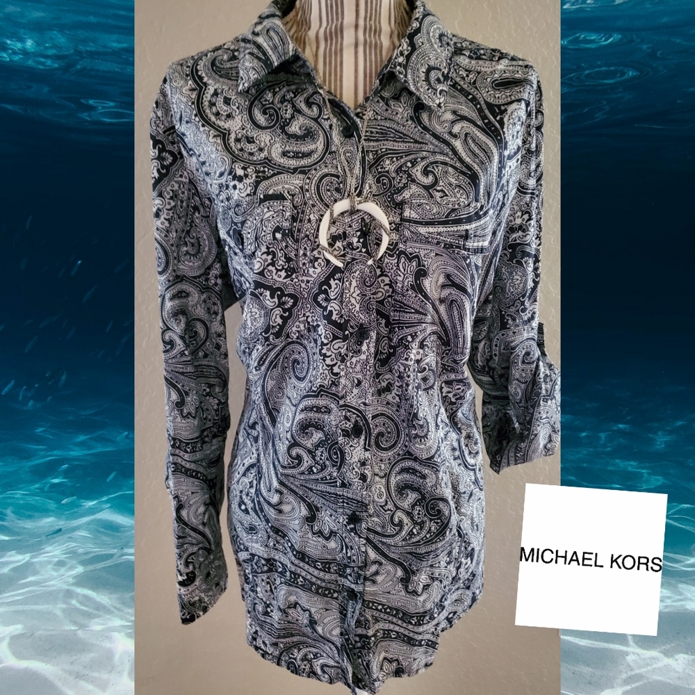 Paisley navy and white button down blouse